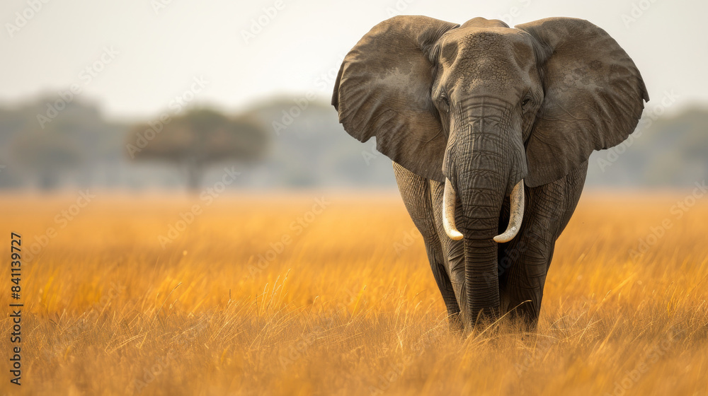 African Elephant Walking Through Tall Grass in Savanna