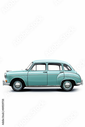 Blue car is shown on white background with shadow.