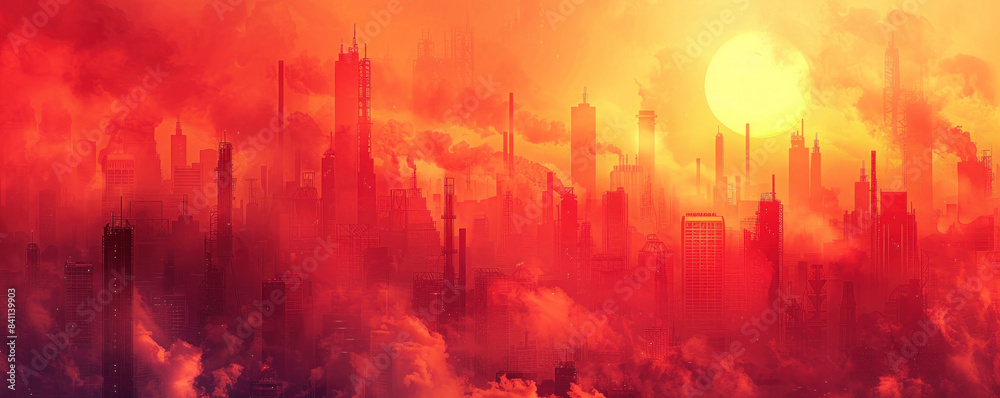 A cityscape with a large yellow sun in the background. The sky is red and the buildings are tall
