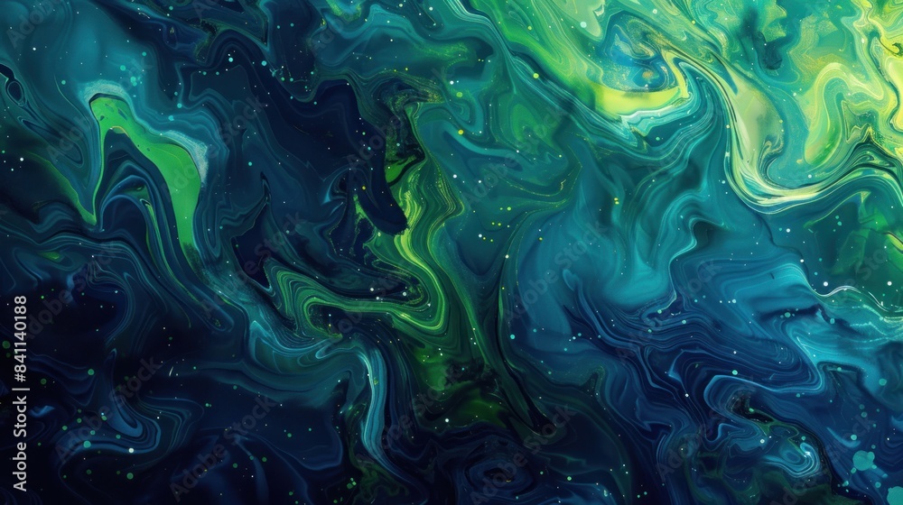 A painting of a green and blue swirl with stars in the background
