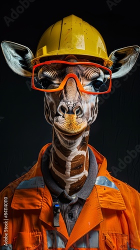 Giraffe wearing a construction engineer's uniform on a black background.