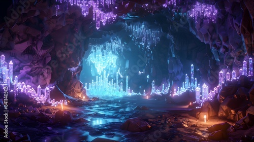 Crystal Cave with Glowing Neon Lights and Water Stream