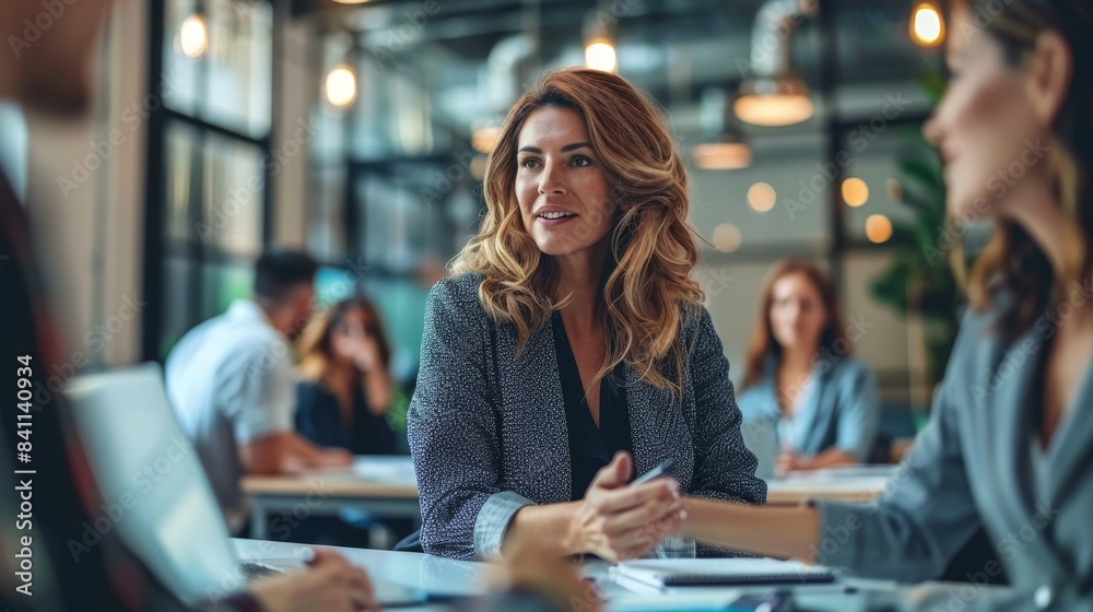 Confident business woman in a meeting with her team. Confident business woman in a meeting with her team.