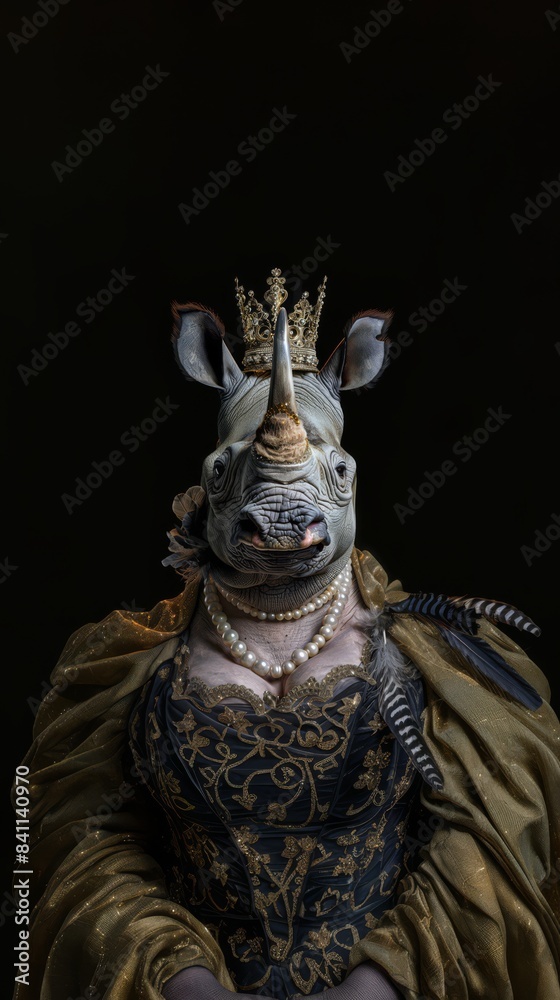Fototapeta premium A crowned rhinoceros wearing a luxurious outfit on a black background.