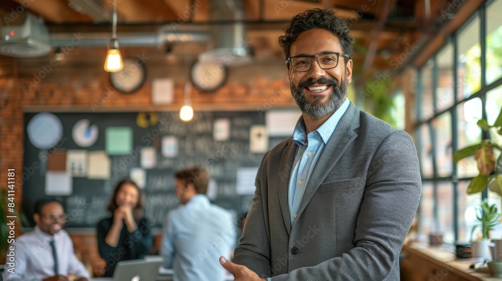 Confident business professional in a suit standing in a modern office space, smiling at the camera.