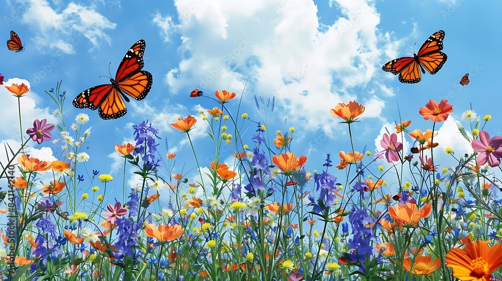 a colorful array of flowers and butterflies, including orange, yellow, purple, and pink blooms, stand out against a blue sky with white clouds a colorful array of flowers and butterflies, including orange, yellow, purple, and pink blooms, stand out against a blue sky with white clouds