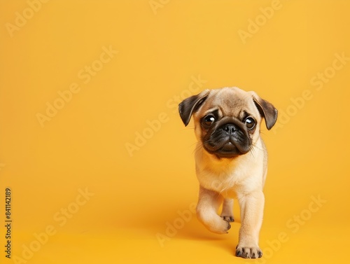 Cute Pug Puppy Walking on Sunny Yellow Background with Copyspace