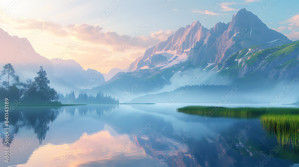 Misty Mountain Lake at Sunrise with Reflections Misty Mountain Lake at Sunrise with Reflections