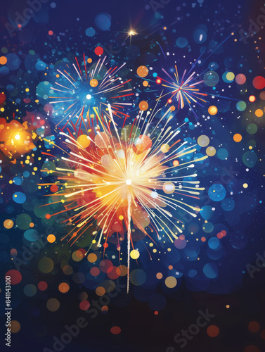 Digital illustration of colorful fireworks in a colorful bokeh blue sky