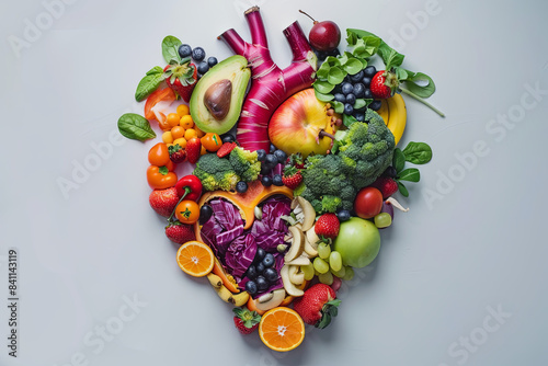 Healthy human heart made of fruits and vegetables, smart eating concept photo