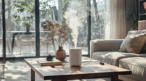 A portable humidifier on a stylish coffee table  with mist visible and clean  raw lines complementing the minimal living room decor