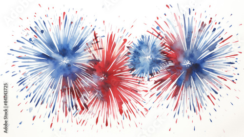 Watercolor illustration of a red and blue fireworks display on white background, clip art