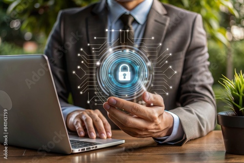 A man is holding a laptop with a security symbol on it