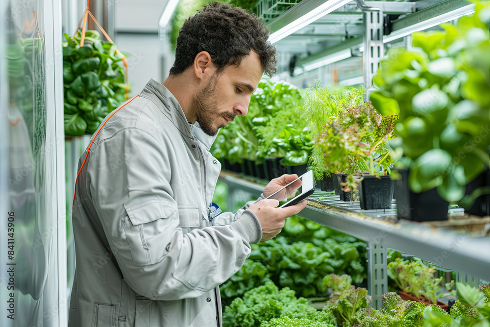 Bioengineer examining crops on vertical farm with tablet computer Bioengineer examining crops on vertical farm with tablet computer