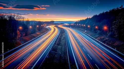 Night Highway with Colorful Light Trails and Curved Road Captured in Long Exposure Time Lapse Featuring Vibrant Motion and Dynamic Energy