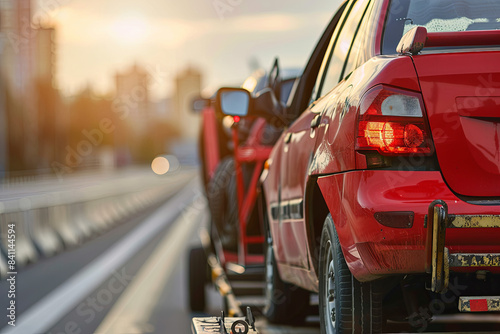 Tow truck transporting broken car on highway, roadside rescue concept photo