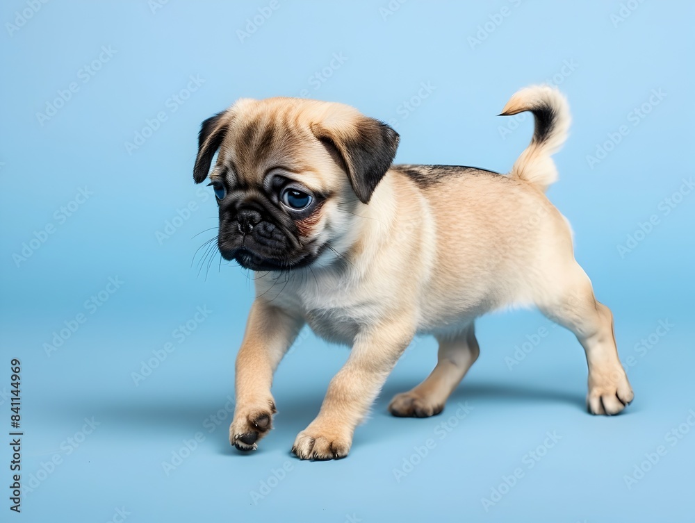 Adorable Pug Puppy Walking on Plain Blue Background with Clear Space Adorable Pug Puppy Walking on Plain Blue Background with Clear Space