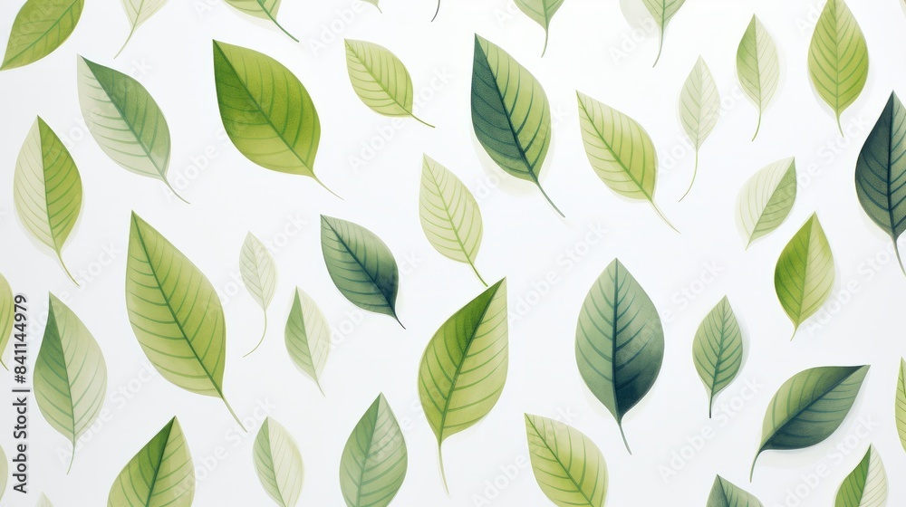A flat lay image of green leaves arranged in a scattered pattern on a white background, wallpaper A flat lay image of green leaves arranged in a scattered pattern on a white background, wallpaper
