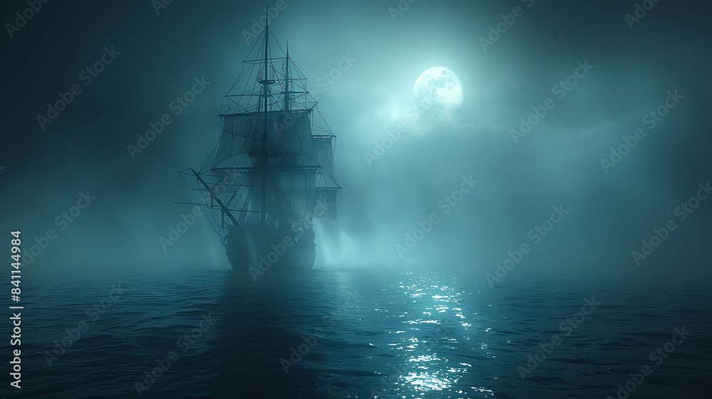A ghost ship sailing through a foggy sea under a moonlit sky. A ghost ship sailing through a foggy sea under a moonlit sky.