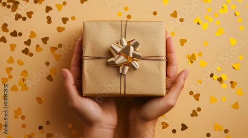 woman's hands holding gift box with gold confetti on yellow background