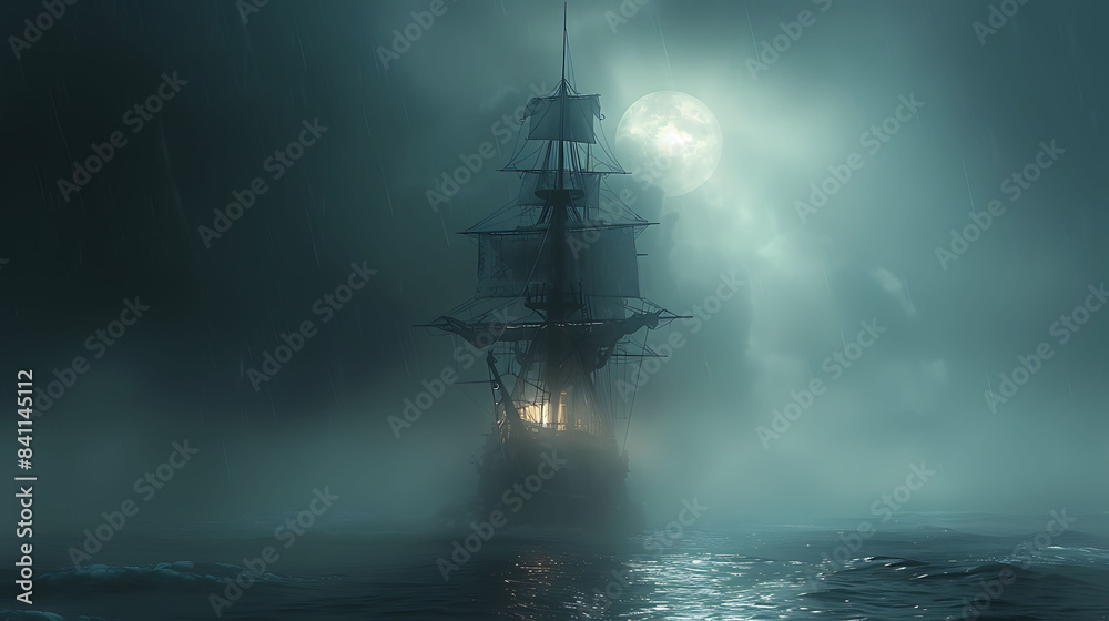 A ghost ship sailing through a foggy sea under a moonlit sky. A ghost ship sailing through a foggy sea under a moonlit sky.