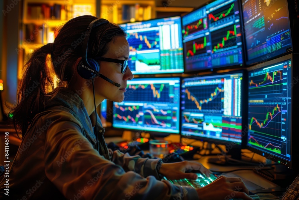 a woman wearing headphones and sitting at a desk with multiple computer screens a woman wearing headphones and sitting at a desk with multiple computer screens
