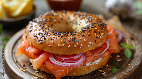 Bagel and salmon lox with cream cheese and onions