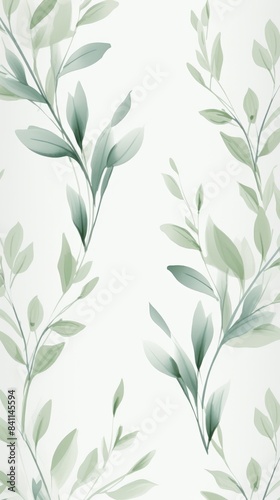 pattern of watercolor green leaves on a white background, wallpaper © keystoker