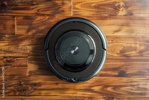 Robotic vacuum cleaner on wood floor, smart cleaning technology photo