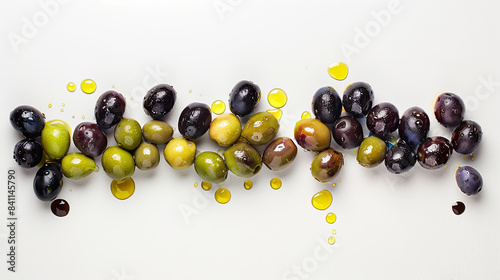 A bunch of green  black  and purple olives are lined up on a white background