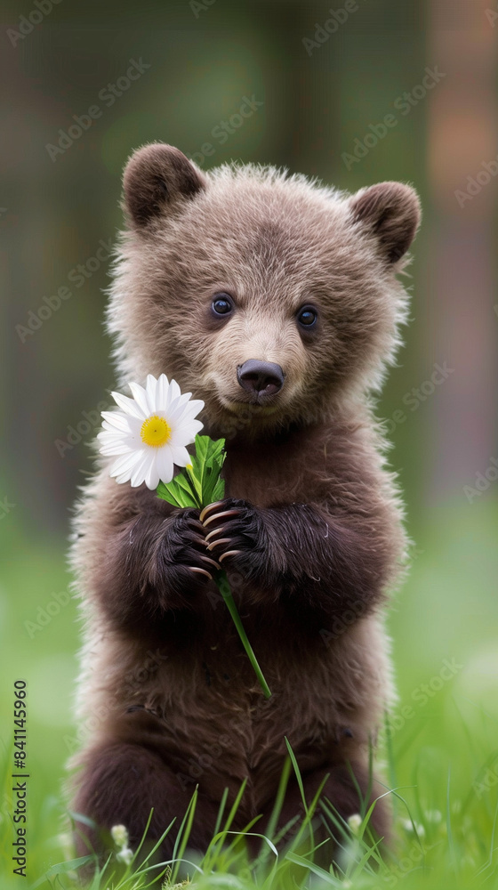 Fototapeta premium brown baby bear in the woods with flowers