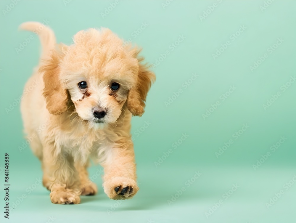 Cute Fluffy Poodle Puppy Walking on Seafoam Green Studio Background Cute Fluffy Poodle Puppy Walking on Seafoam Green Studio Background