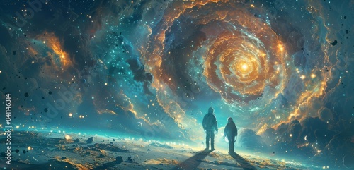Astronaut lovers, standing by a radiant Stargate, digital painting, intricate details, surreal space environment