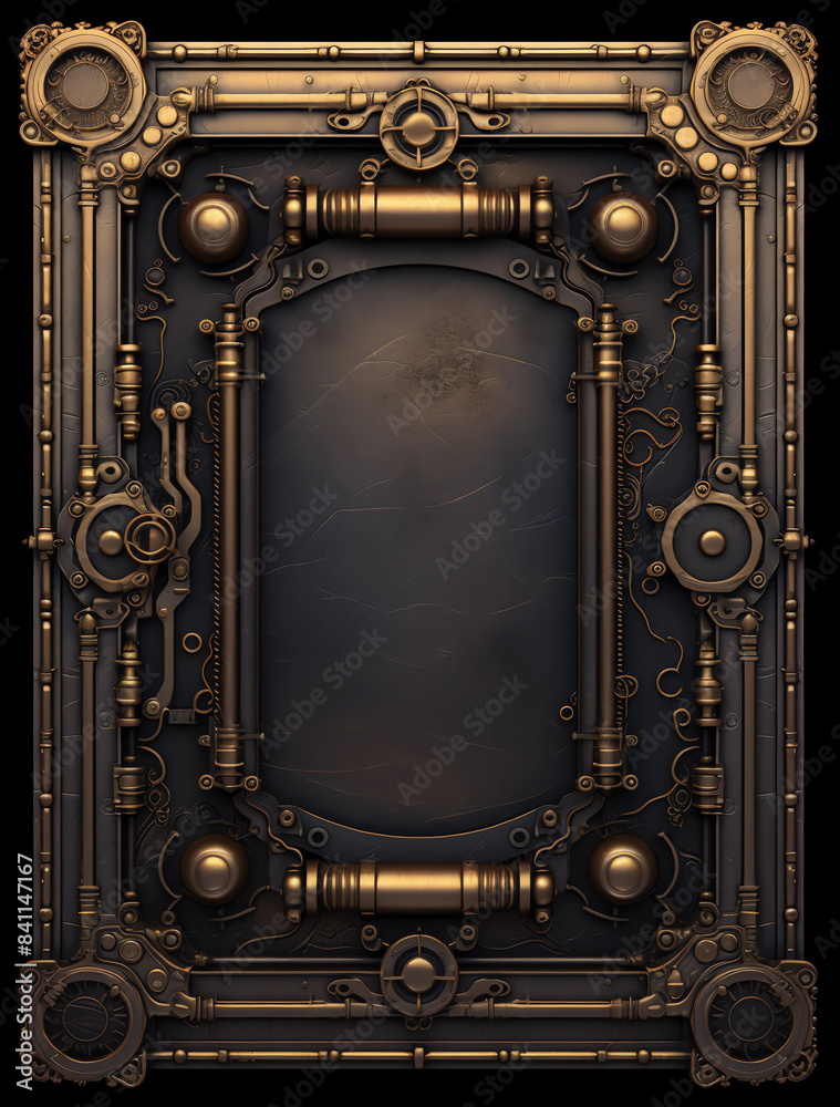 A large steampunk frame with golden and dark metal details, featuring a rectangular shape on the front