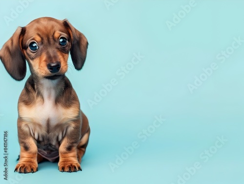 Cute Dachshund Puppy Sitting on Plain Blue Background with Clear Space