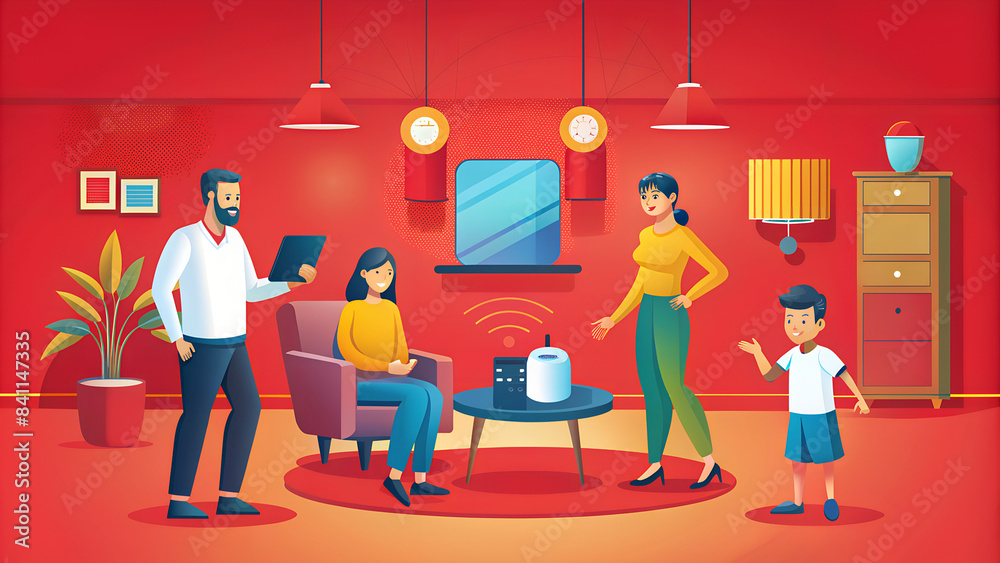 family using smart home devices modern living room family using smart home devices modern living room