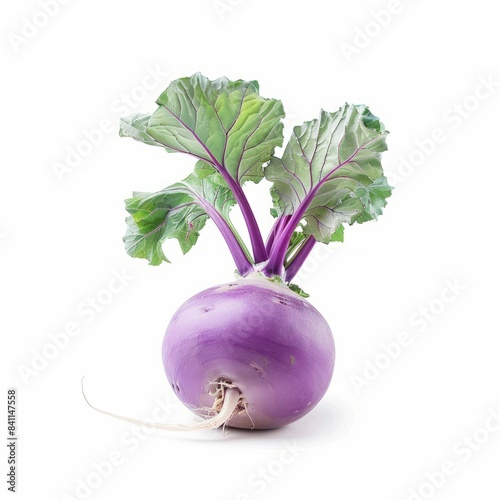 A single, fresh, purple kohlrabi with green leaves is displayed on a white background