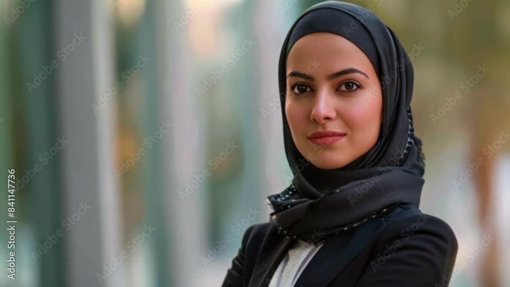 Arabic middle eastern business woman close up wearing black hijab in a corporate workplace office setting Generative AI Arabic middle eastern business woman close up wearing black hijab in a corporate workplace office setting Generative AI