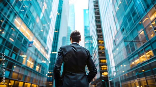 Wallpaper Mural A man in a suit stands in front of a tall building, looking up at the sky. Concept of ambition and determination, as the man is focused on his goals and aspirations Torontodigital.ca