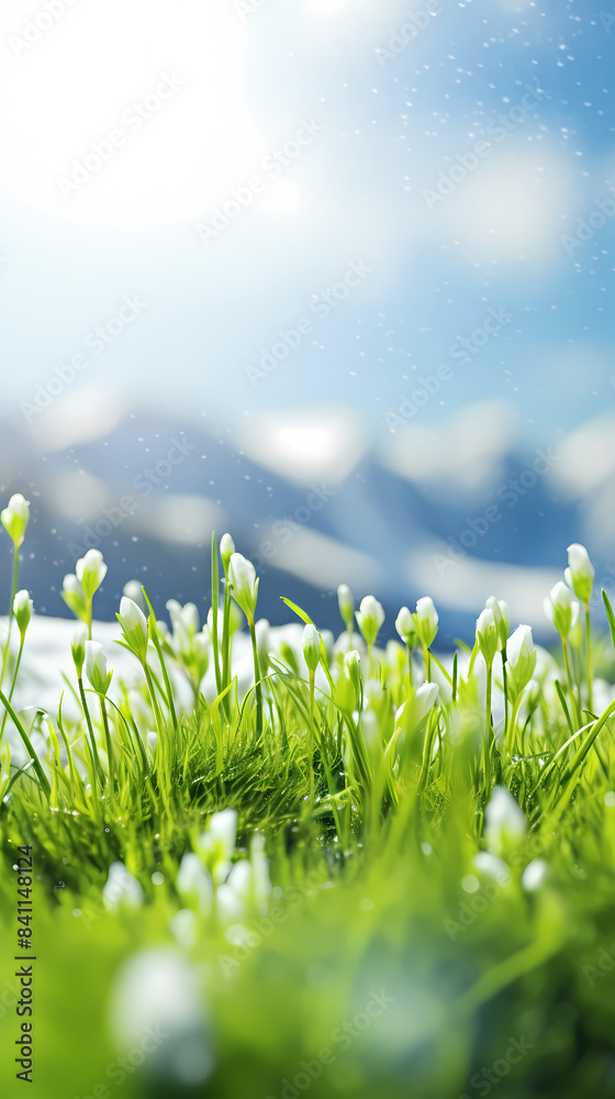 Fototapeta premium Beautiful spring background with dew drops on fresh green grass