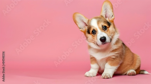 Cute Welsh Corgi Puppy Sitting on Plain Pink Background with Copy Space © LookChin AI