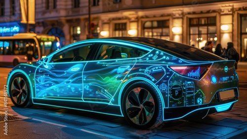 eco-friendly car displaying real-time environmental data on its exterior, educating passersby about air quality and energy consumption