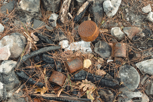 Rusty tin cans and charred firewood scattered among stones and pine needles. Remains of a campfire in the forest area.
