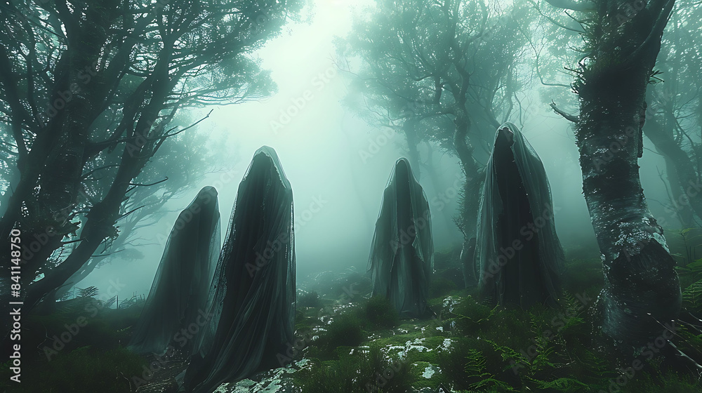 A haunted forest with mist and shadowy figures among the trees. A haunted forest with mist and shadowy figures among the trees.