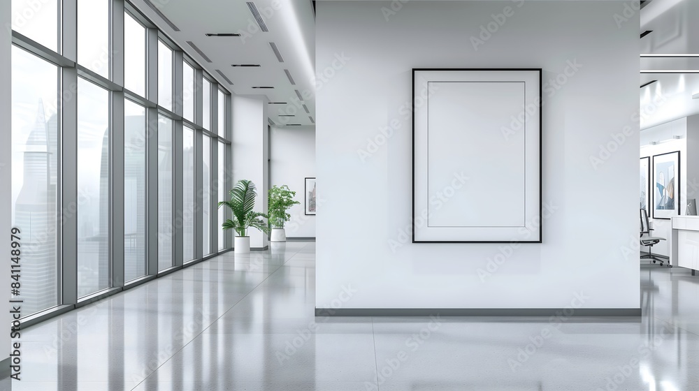 Fototapeta premium A large white wall with a black frame and a white picture hanging in the middle. The room is empty and has a clean, modern look