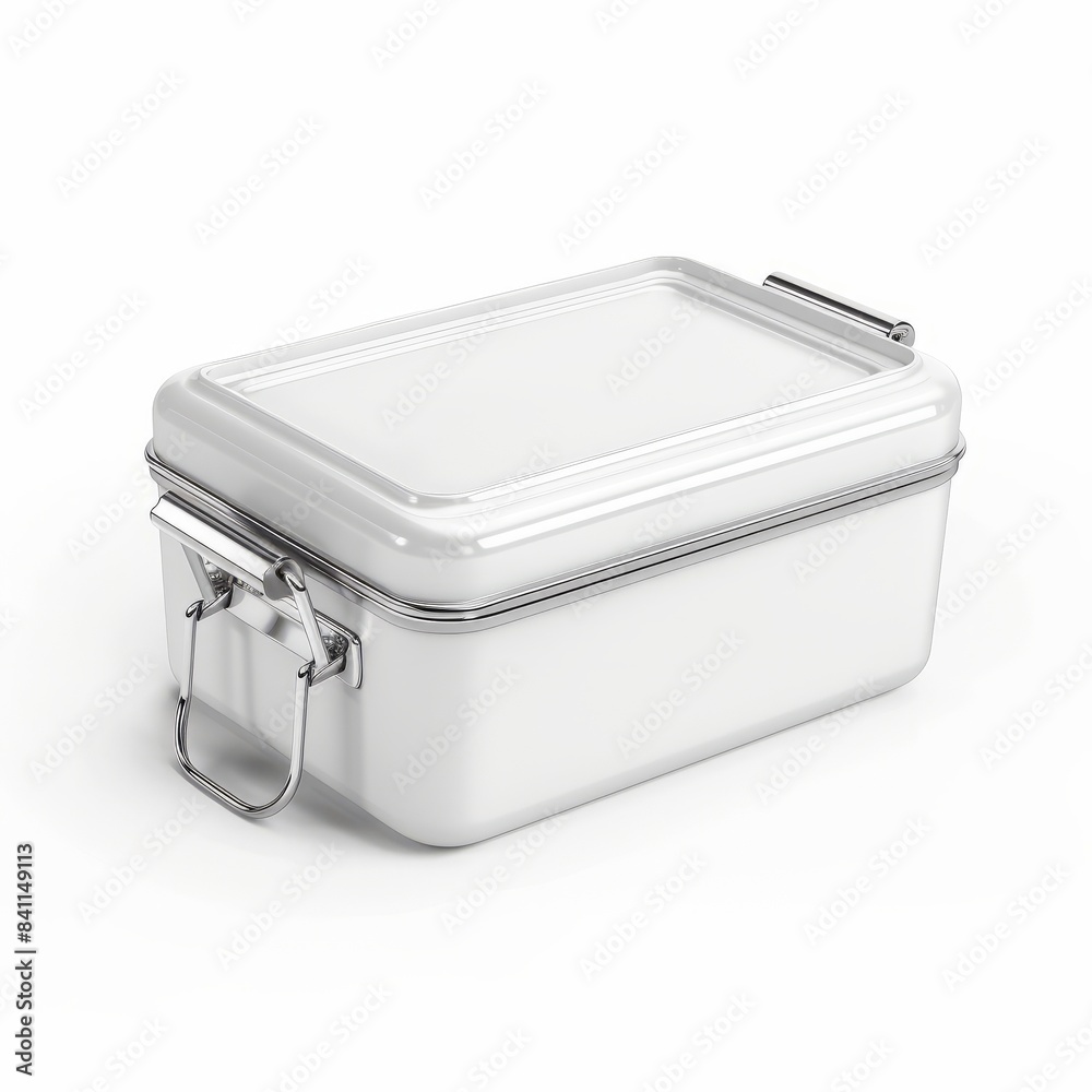 A white metal lunchbox with a silver clasp sits on a white background