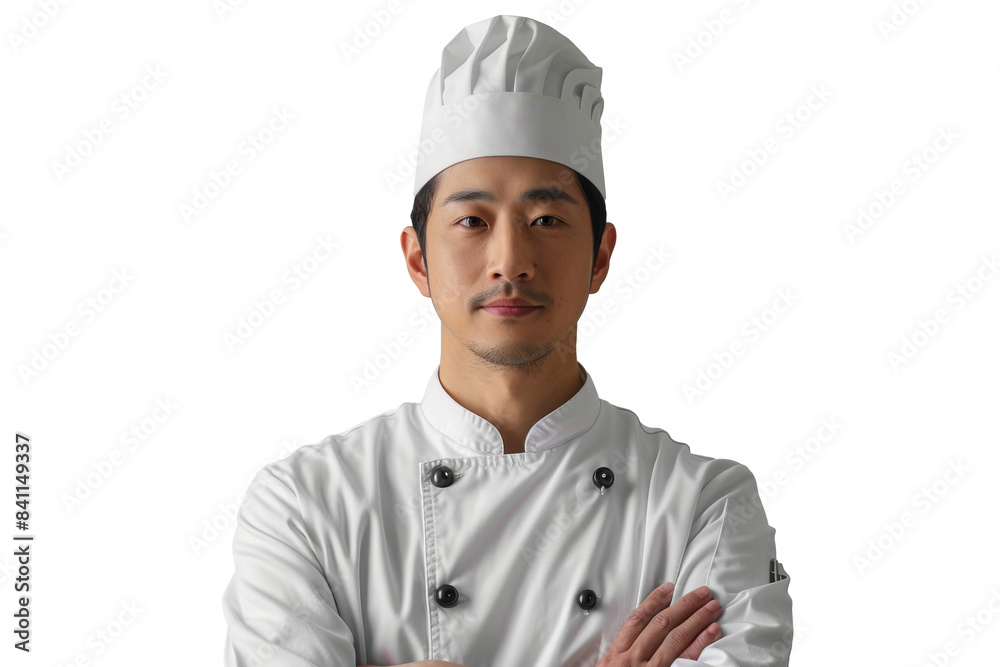 Portrait of male chef standing with arms crossed and wearing a chef's hat isolated on transparent background. Portrait of male chef standing with arms crossed and wearing a chef's hat isolated on transparent background.