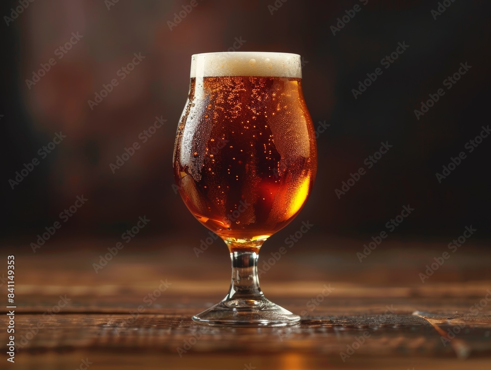 A chilled glass of amber beer on a wooden table, condensation on the glass, isolated background, perfect lighting capturing the freshness A chilled glass of amber beer on a wooden table, condensation on the glass, isolated background, perfect lighting capturing the freshness