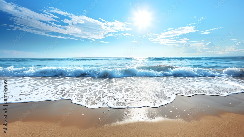 Beautiful scenic beach with crystal clear waves crashing on the sandy shore under a bright sunny sky with clouds Beautiful scenic beach with crystal clear waves crashing on the sandy shore under a bright sunny sky with clouds