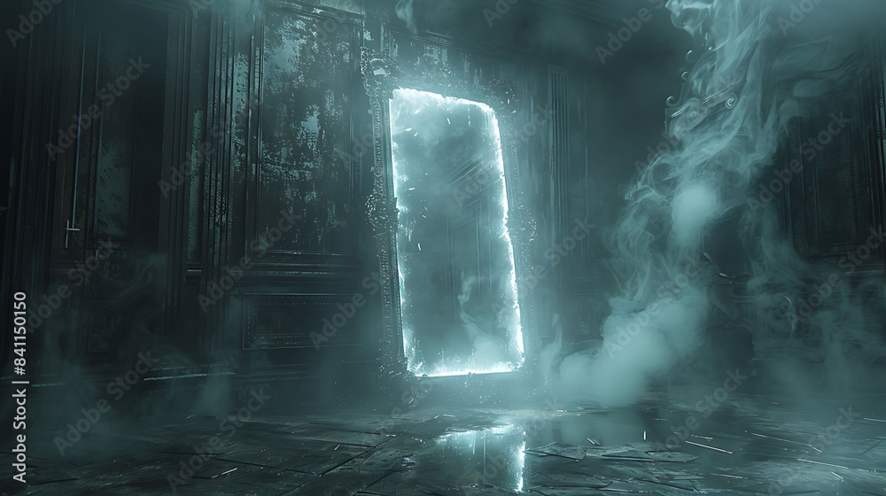 A haunted mirror with ghostly reflections in a dark room. A haunted mirror with ghostly reflections in a dark room.